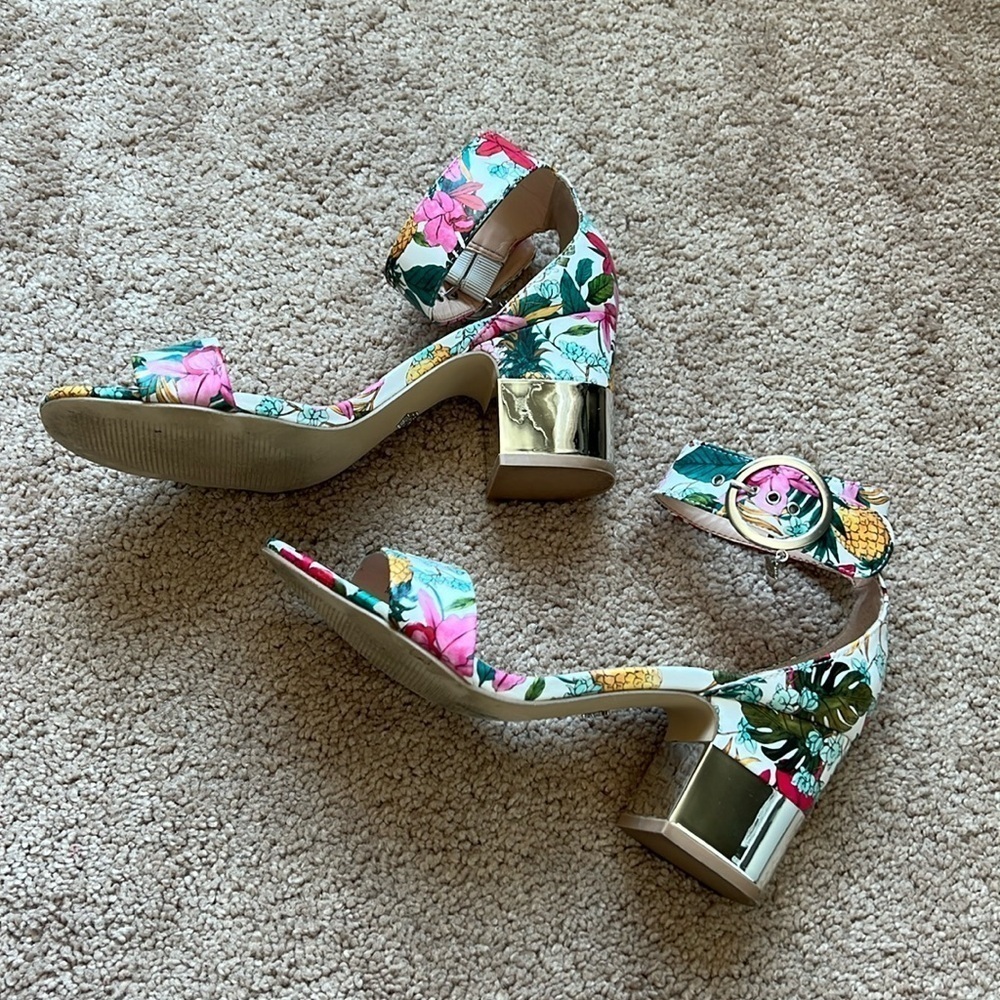 Nanette Lepore Block Heel Floral Ankle Strap Sandals